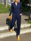 Casual V-neck Solid Color Pockets Knotted Long Sleeve Jumpsuit
