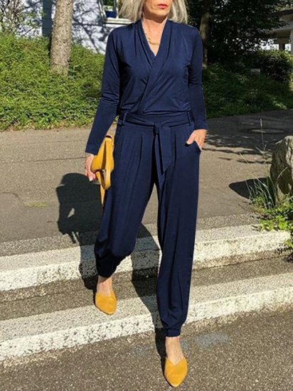 Casual V-neck Solid Color Pockets Knotted Long Sleeve Jumpsuit - Click Image to Close