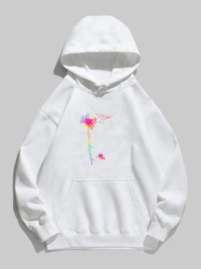 Flower Butterfly Printed Long Sleeve Drawstring Hoodie For Women - Click Image to Close