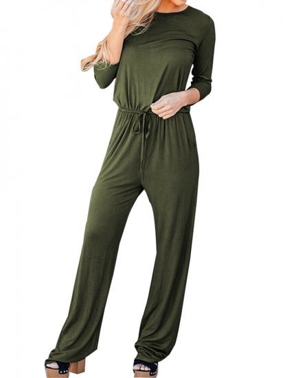 Solid Color Drawstring Long Sleeve Casual Jumpsuit - Click Image to Close