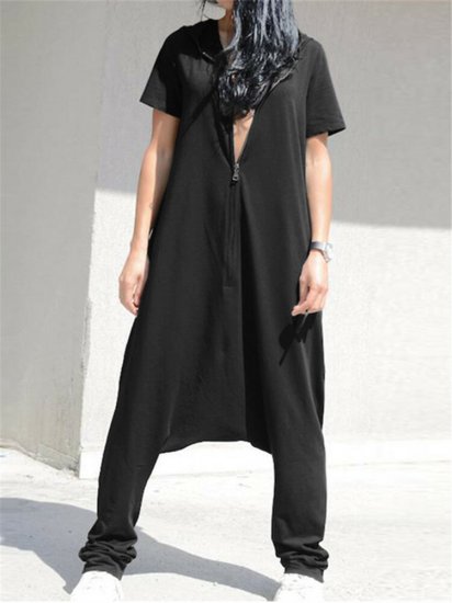 Casual Drop-crotch Zipper Hooded Jumpsuit - Click Image to Close