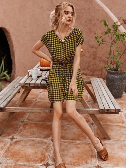 Plaid Print Short Sleeves O-neck Button Causal Jumpsuit For Women - Click Image to Close