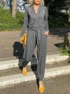 Casual V-neck Solid Color Pockets Knotted Long Sleeve Jumpsuit