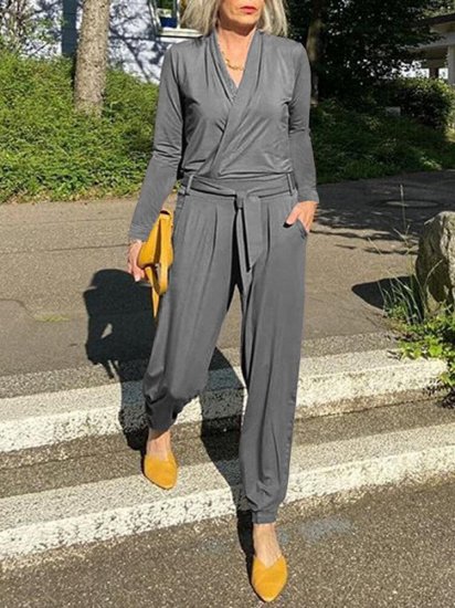 Casual V-neck Solid Color Pockets Knotted Long Sleeve Jumpsuit - Click Image to Close