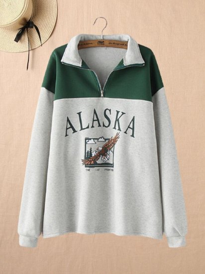 Letter Print Zipper Lapel Collar Long Sleeve Sweatshirt - Click Image to Close