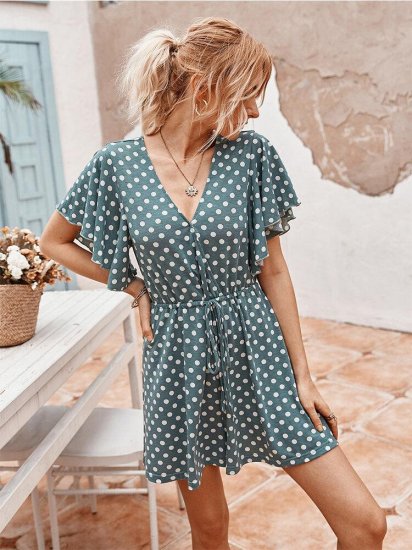 Dot Print Ruffled Sleeves V-neck Casual Jumpsuit For Women - Click Image to Close