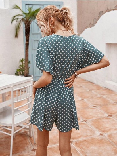 Dot Print Ruffled Sleeves V-neck Casual Jumpsuit For Women - Click Image to Close