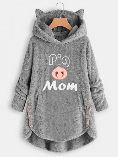 Cartoon Letter Printed Button Irregular Hem Plush Hoodie - Click Image to Close