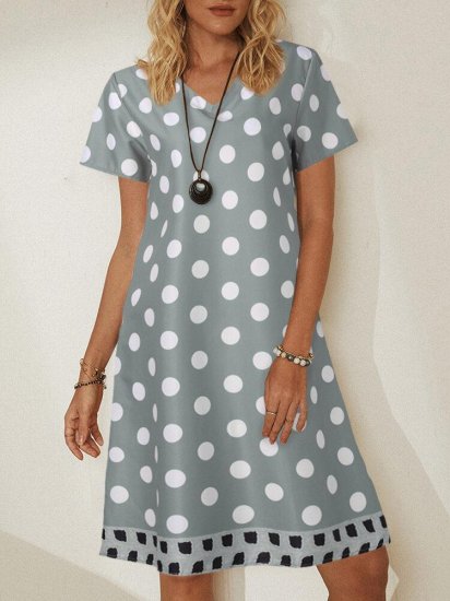 Circle Printed Patchwork V-neck Short Sleeve Midi Dress - Click Image to Close