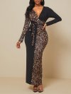 Leopard Printed Long Sleeve V-neck Patchwork Maxi Dress With Belt