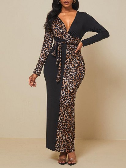 Leopard Printed Long Sleeve V-neck Patchwork Maxi Dress With Belt - Click Image to Close