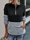 Patchwork Long Sleeve High Neck Zipper Fly Pocket Sweatshirt For Women