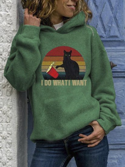 Black Cat Print Long Sleeves Casual Hoodies for Women - Click Image to Close