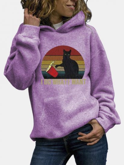 Black Cat Print Long Sleeves Casual Hoodies for Women - Click Image to Close