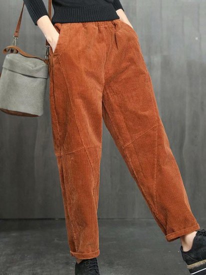 Pockets Solid Color Elastic Waist Casual Corduroy Pants - Click Image to Close