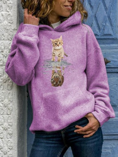 Cartoon Cat Print Long Sleeve Casual Hoodie For Women - Click Image to Close