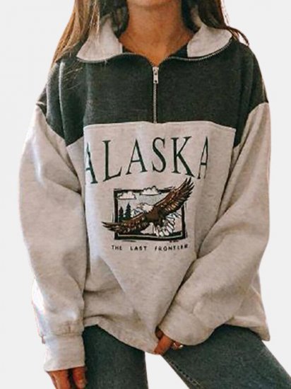 Letter Print Zipper Lapel Collar Long Sleeve Sweatshirt - Click Image to Close
