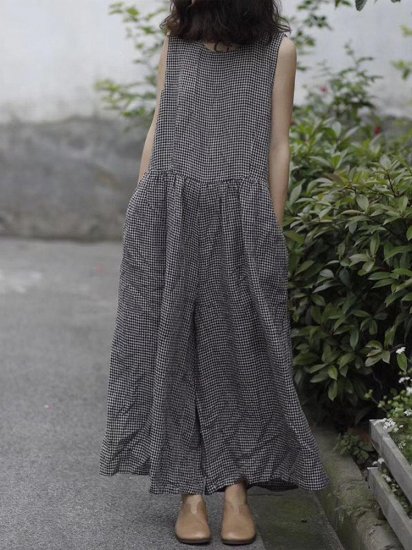 Plaid Wide Leg Sleeveless Baggy Black Overalls Jumpsuit - Click Image to Close