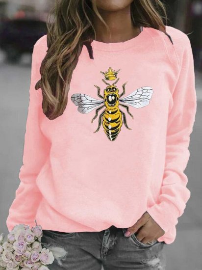 Cartoon Bee Printed O-neck Long Sleeve Sweatshirt - Click Image to Close