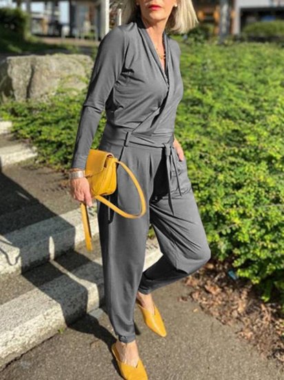 Casual V-neck Solid Color Pockets Knotted Long Sleeve Jumpsuit - Click Image to Close