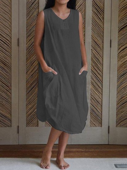 Vintage Pockets Crew Neck Button Sleeceless Dress - Click Image to Close