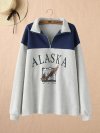 Letter Print Zipper Lapel Collar Long Sleeve Sweatshirt