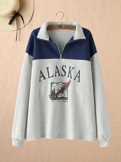 Letter Print Zipper Lapel Collar Long Sleeve Sweatshirt - Click Image to Close