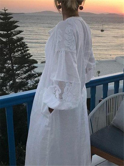 Bohemian Lace Long Sleeve Pockets Maxi Dress - Click Image to Close