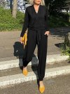 Casual V-neck Solid Color Pockets Knotted Long Sleeve Jumpsuit
