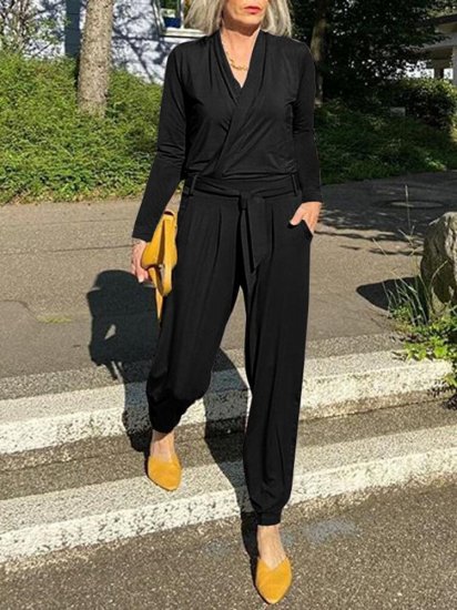 Casual V-neck Solid Color Pockets Knotted Long Sleeve Jumpsuit - Click Image to Close