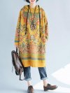 Hooded Folk Style Print Long Sleeve Vintage Women Dress