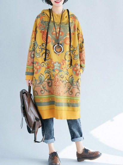 Hooded Folk Style Print Long Sleeve Vintage Women Dress - Click Image to Close