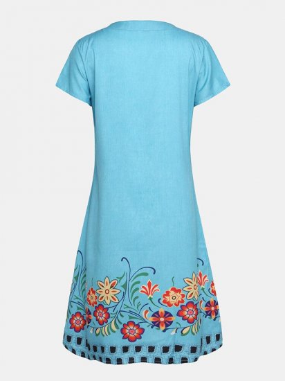 Floral Printed V-neck Short Sleeve Midi Dress - Click Image to Close