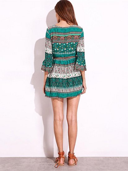 Bohemian Women Flounce Bell Sleeve Floral Printed V-neck Mini Dresses - Click Image to Close
