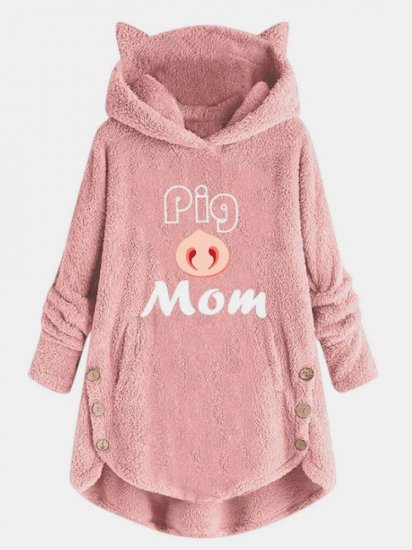 Cartoon Letter Printed Button Irregular Hem Plush Hoodie - Click Image to Close