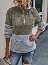 Patchwork Long Sleeve High Neck Zipper Fly Pocket Sweatshirt For Women