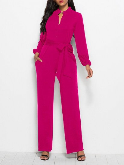 Solid Color Waistband Pocket Long Sleeve Casual Jumpsuit for Women - Click Image to Close