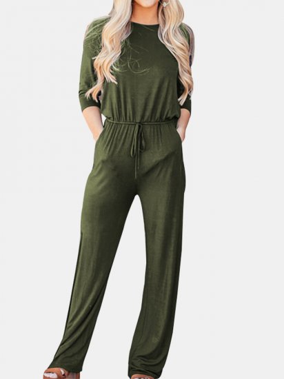 Solid Color Drawstring Long Sleeve Casual Jumpsuit - Click Image to Close