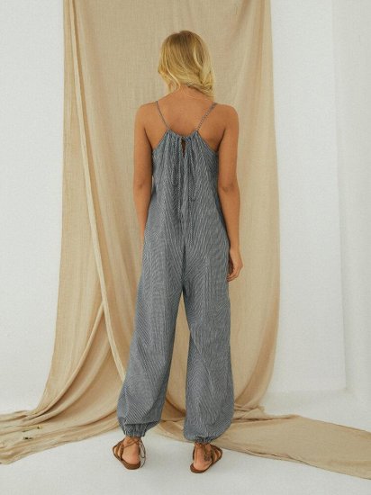 Striped Adjustable Shoulder Strap Loose Jumpsuit With Pocket - Click Image to Close