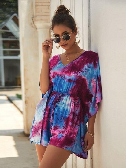 Bohemia Tie-Dye Floral Print Half Sleeves V-neck Casual Jumpsuit For Women - Click Image to Close