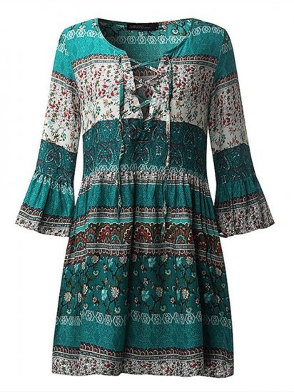 Bohemian Women Flounce Bell Sleeve Floral Printed V-neck Mini Dresses - Click Image to Close