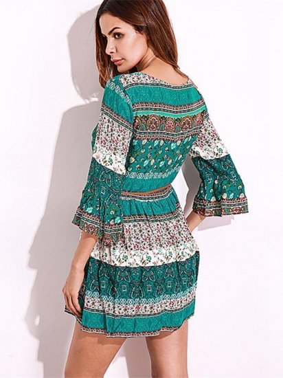 Bohemian Women Flounce Bell Sleeve Floral Printed V-neck Mini Dresses - Click Image to Close