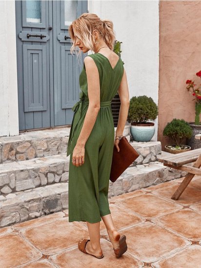 V-neck Lace-up Solid Color Sleeveless Casual Cropped Trousers Jumpsuit For Women - Click Image to Close