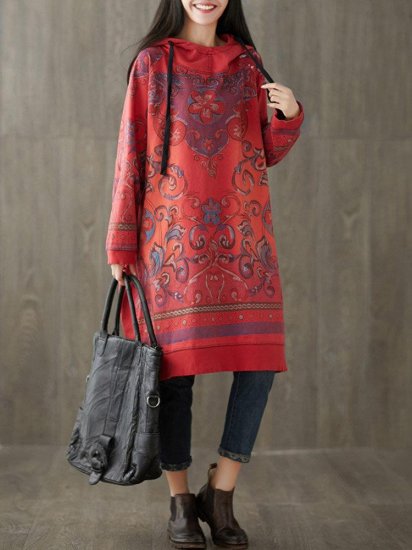 Hooded Folk Style Print Long Sleeve Vintage Women Dress - Click Image to Close