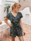 Leopard Print V-neck Ruffled Sleeves Casual Jumpsuit For Women