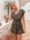 Leopard Print V-neck Ruffled Sleeves Casual Jumpsuit For Women