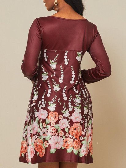 Floral Printed Long Sleeve O-neck Midi Dress - Click Image to Close