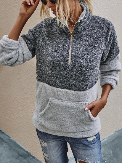 Patchwork Long Sleeve High Neck Zipper Fly Pocket Sweatshirt For Women - Click Image to Close