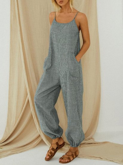 Striped Adjustable Shoulder Strap Loose Jumpsuit With Pocket - Click Image to Close