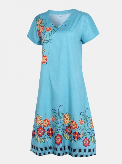 Floral Printed V-neck Short Sleeve Midi Dress - Click Image to Close